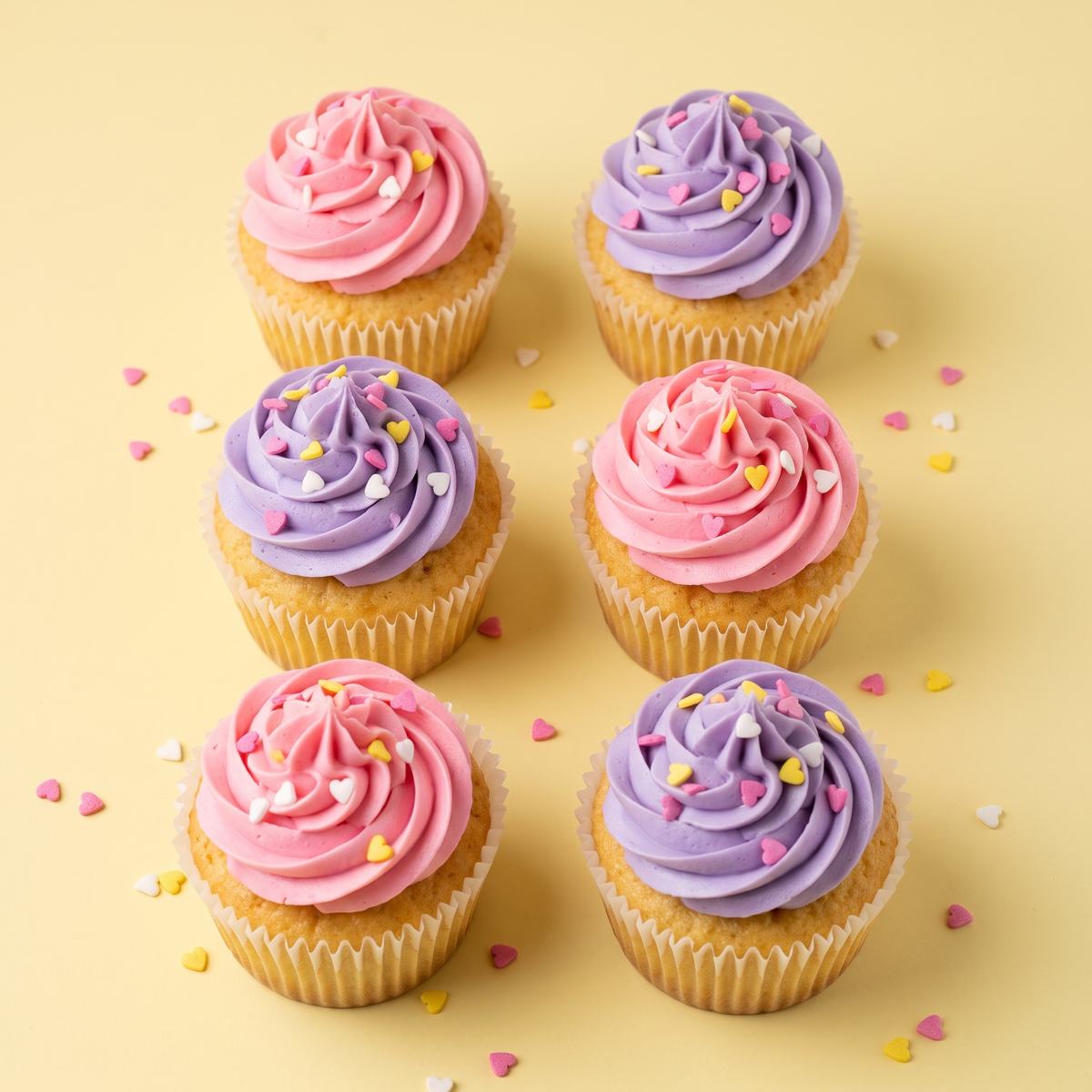 Cupcakes con betún rosa y lila y chispas de corazón