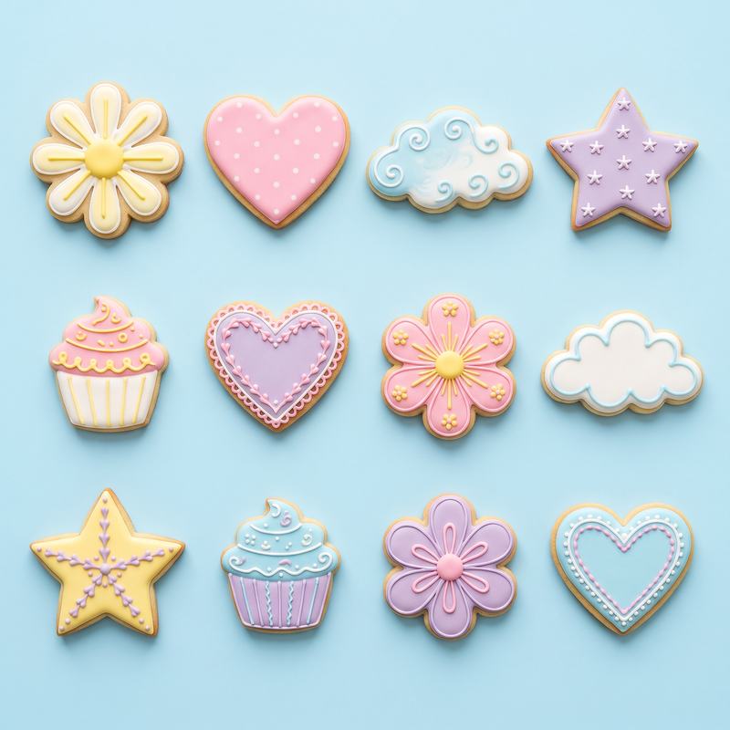 Galletas decoradas en forma de flores, corazones, nubes y estrellas en colores pastel