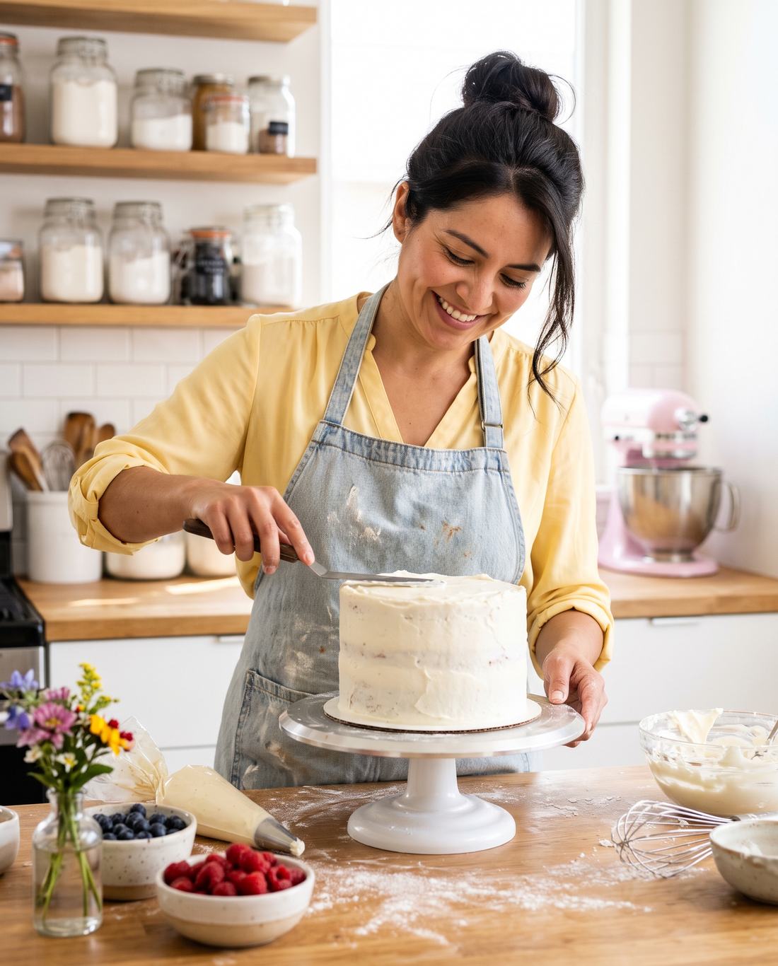 Ana Garza decorando un pastel en su taller